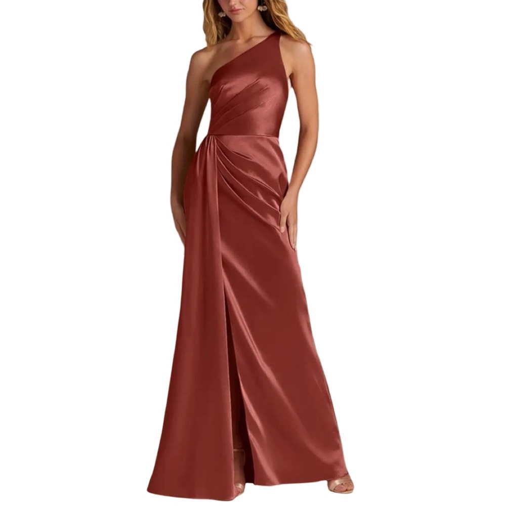 Azazie Mika
Terracotta Sheath One Shoulder Metallic Satin Dress